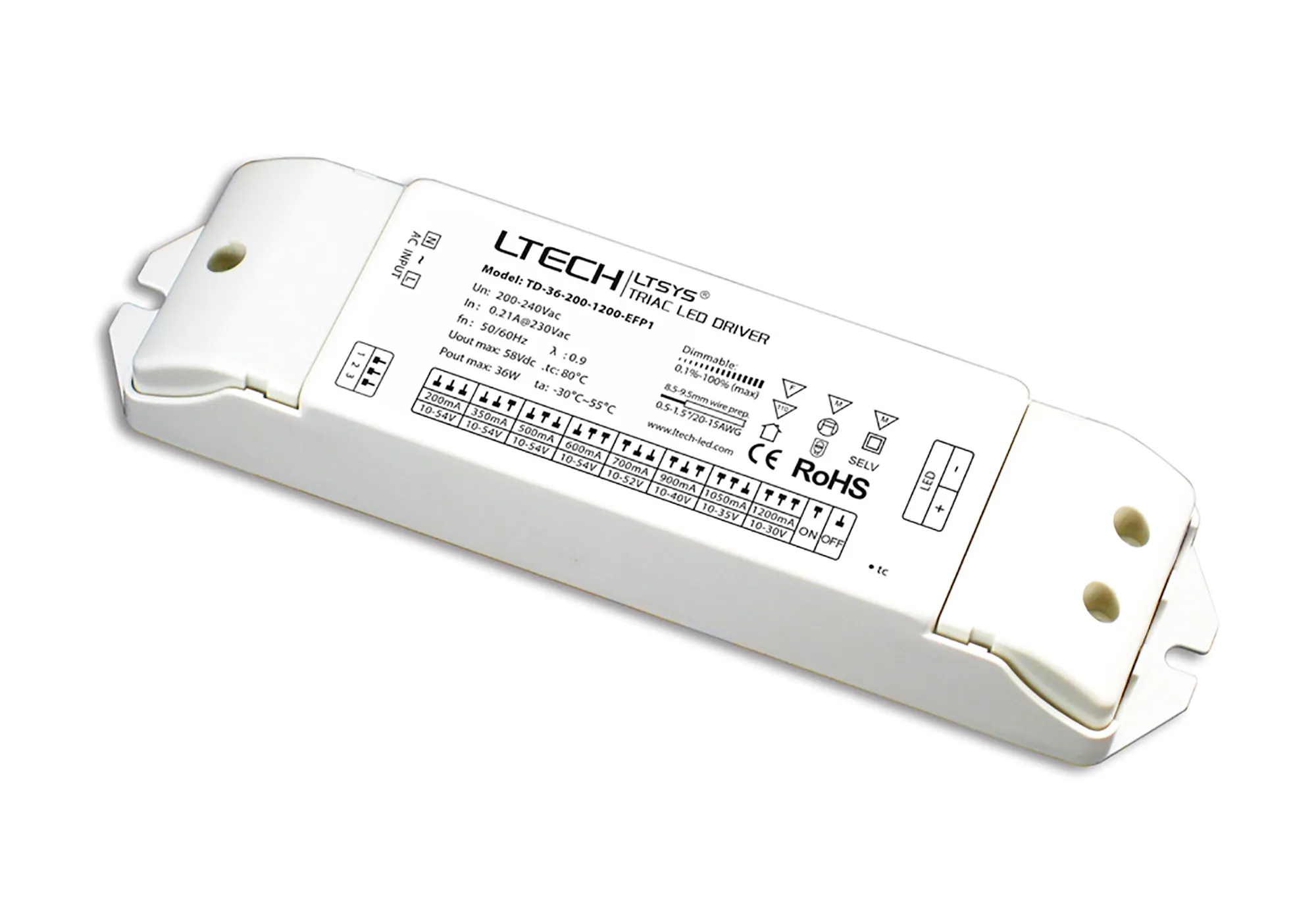 TD-36-200-1200-EFP1  Triac/ELV Dimmable, 2W-36W, CC Dimmable Driver, 200/350/500/700/900/1050/1200mA, DC:10-54V,IP20.